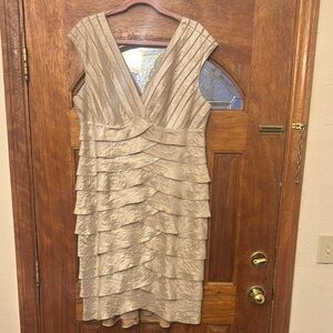 Adrianna Papell Gold Sheath Dress with V-Neck Cap Sleeves